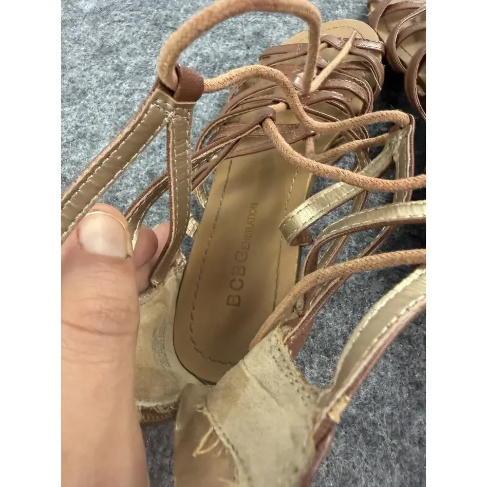 BCBGMAXAZRIA Gladiator Lace-Up Sandals Women Size 6 Back Zip Flat Brown A4